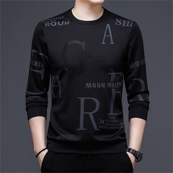 Browon sprign outono preto t camisa manga longa o-pescoço colarinho moda tendência carta impressão magro camiseta para homens street wear 220507