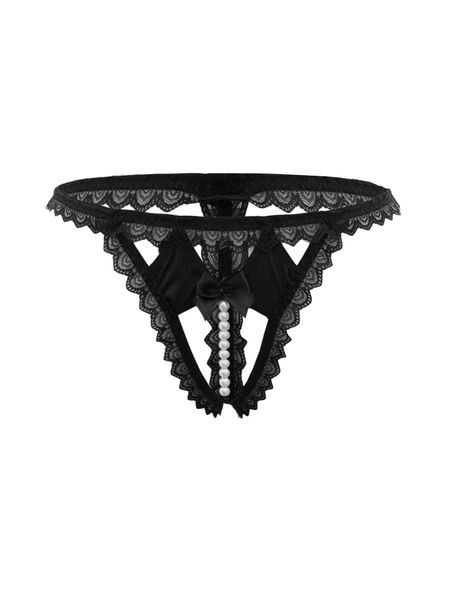 

plus lace pearl bow detail cut out thong j9u5#, Black;white