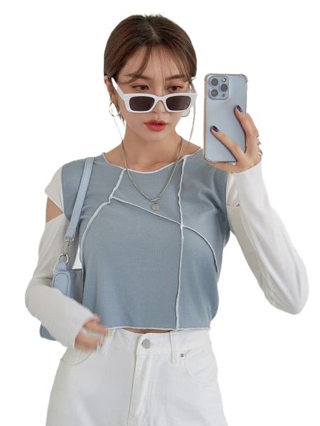 

dazy cut out titching rib knit crop tee x4zx#, White