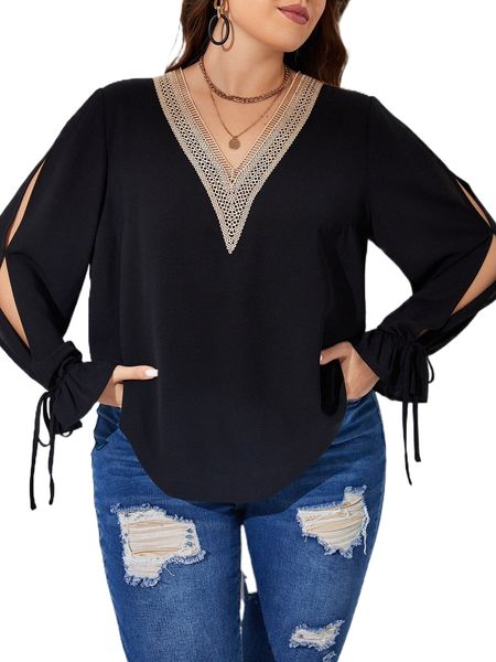 

plus contrast lace knot cuff blouse q4oy#, Black