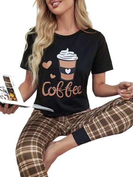 

letter graphic print and plaid pants pj set s94h#, Black;red