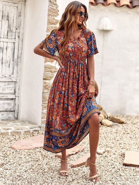 

floral print knot front a-line dress o7gy#, Black;gray