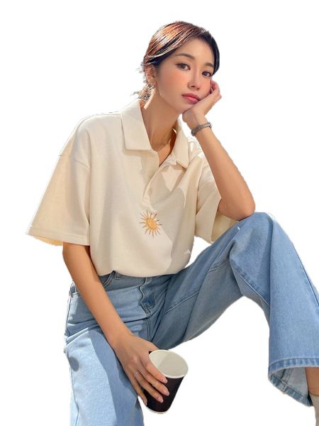 

dazy sun print polo neck drop shoulder tee j4by#, White