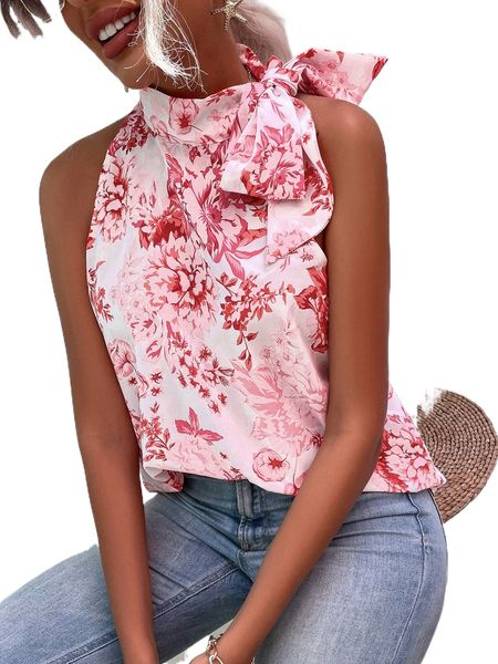 

floral print knot side halterneck blouse z7db#, White