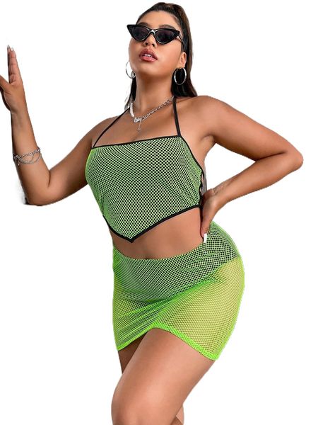 

plus contrast binding tie backless mesh halter & skort d7lk#, Black