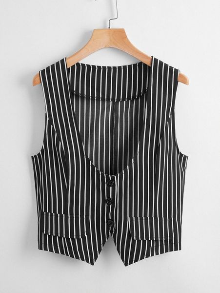 

striped button front vest blazer 14vg#, White
