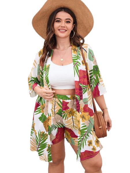 

plus floral & tropical print kimono with shorts g3gh#, Black