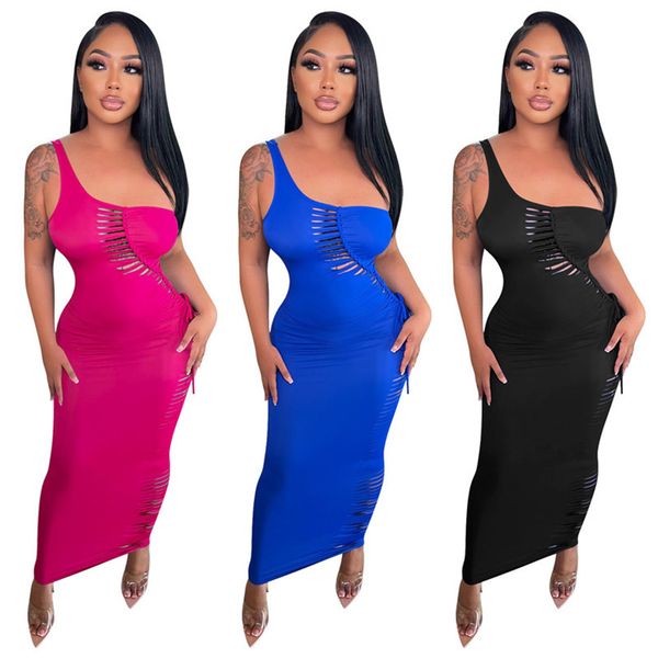 

2023 women hollow out one-shoulder dresses fashion solid color clothing sleeveless casual dress summer clothes dhl 7158, Black;gray