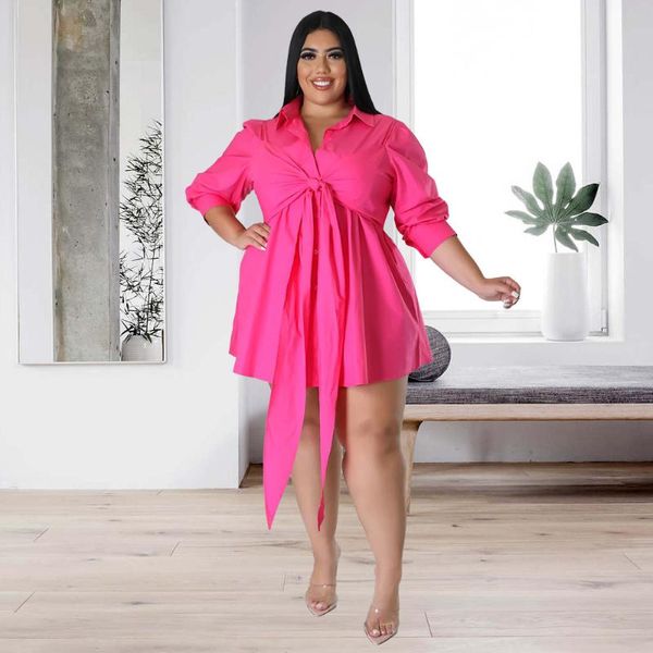 Vestidos de tamanho grande mulheres Botão sólida Bandagem Blusa da Lady Fashion Party Elegant Shairts 2022 outumn feminino casual OutfitPlus