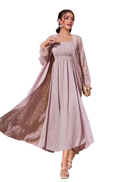 

shirred tube dress & floral embroidery fuzzy cuff coat u659#, White