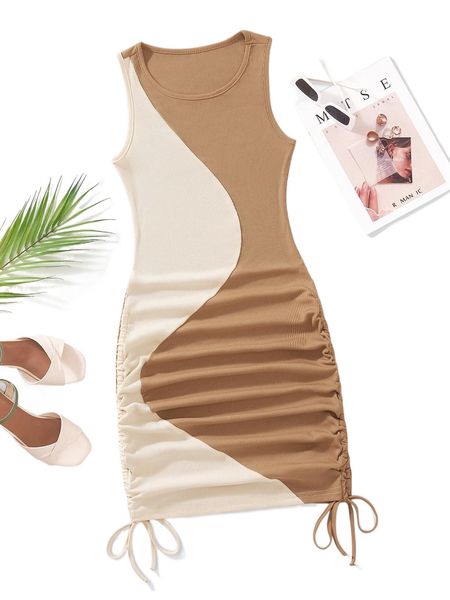 

ribbed knit two tone drawstring dress v6wq#, Black;gray