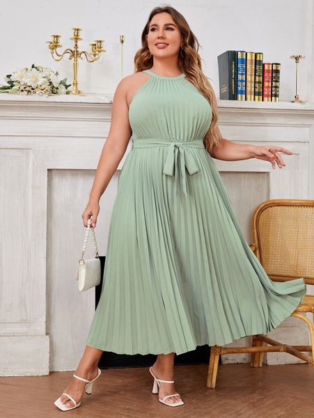 

plus tie back pleated belted halter dress l194#, Black