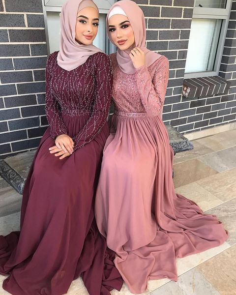 

muslim evening dresses for women long sleeve jewel a line sweep train major beading modest formal prom gowns, Black;red
