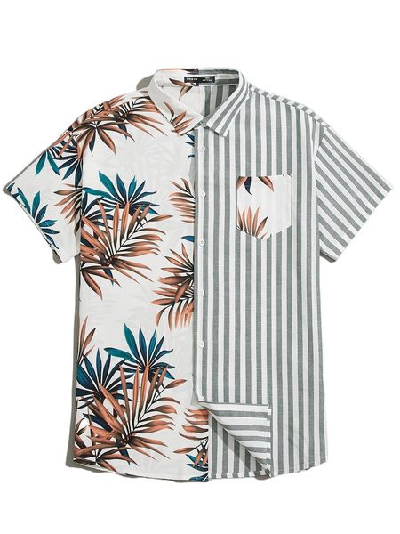 

men striped & tropical print patched pocket shirt t1ss#, White;black