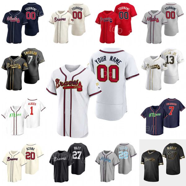 

space city connect baseball 28 matt olson jersey 1 ozzie albies 7 dansby swanson 27 austin riley 20 marcell ozuna 13 ronald acuna jr coopers, Blue;black