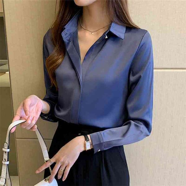 Camicie di seta Camicia bianca da donna Camicie a maniche lunghe da donna Camicetta Office Lady Camicetta di seta satinata Top Plus Size Donna Camicia basic Top 210401