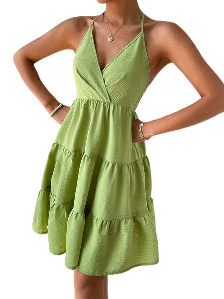 

crisscross backless ruffle hem cami dress x5x2#, Black;gray