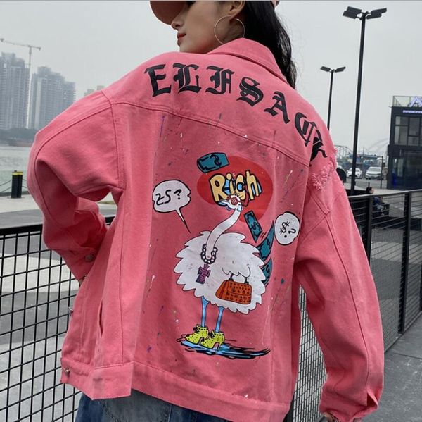 

spring autumn pink denim jacekt women fashion long sleeve printing jean coat high street female bomber outerwear w397, Black;brown