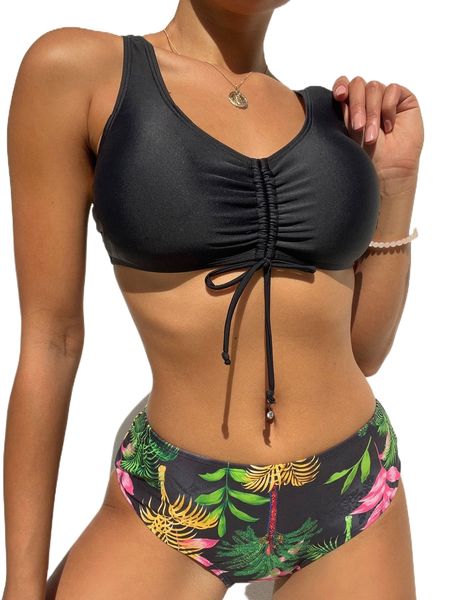 

plant print drawstring bikini swimsuit r0md#, White;black