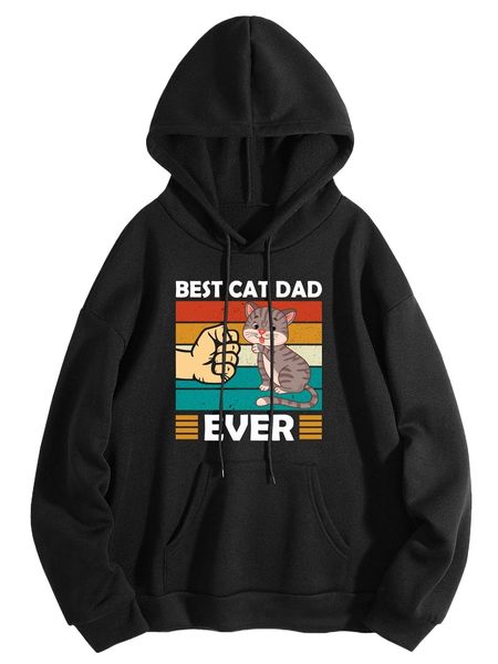 

cartoon & letter graphic kangaroo pocket drawstring thermal hoodie i8ey#, Black