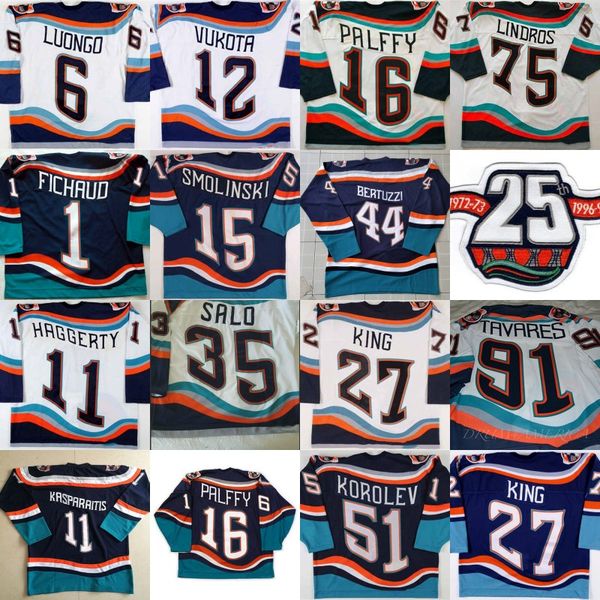 

#16 ziggy palffy fisherman jersey with 25th patch 3 chara 11 darius kasparaitis 14 armstrong 44 bertuzzi 34 berard 35 salo 51 korolev custom, Black;red