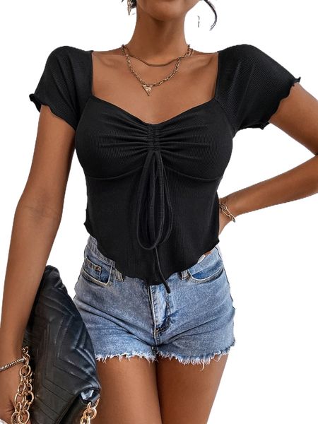 

drawstring front sweetheart neck raglan sleeve lettuce trim tee n1qz#, White