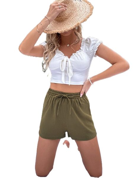 

solid high waist knot front shorts m7t8#, White;black