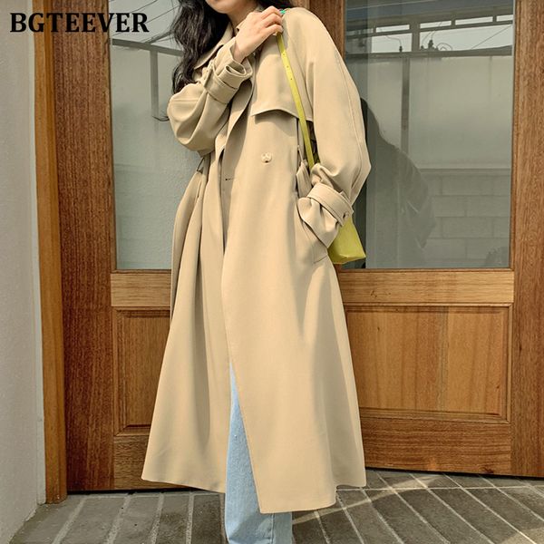 

stylish lapel women trench coat 2022 spring long sleeve belted lace-up loose female long coats ladies outwear, Tan;black
