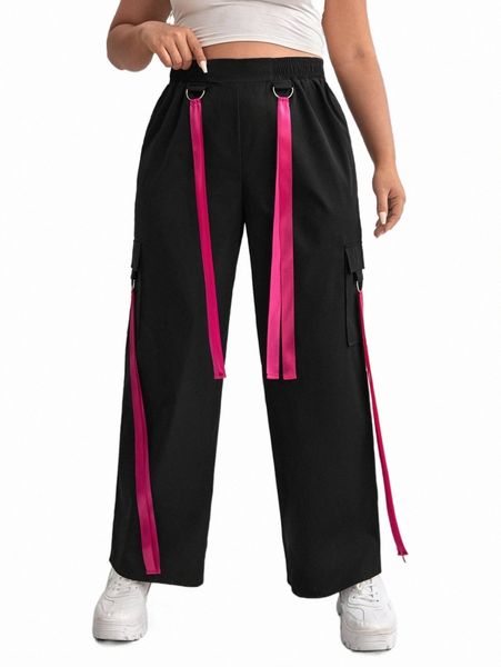

plus rope front wide leg cargo pants x8xd#, Black