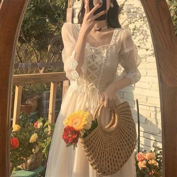 

spring lace sweet elegant dres evening party dress korean kawaii short sleeve dress female square collar 220602, Black;gray