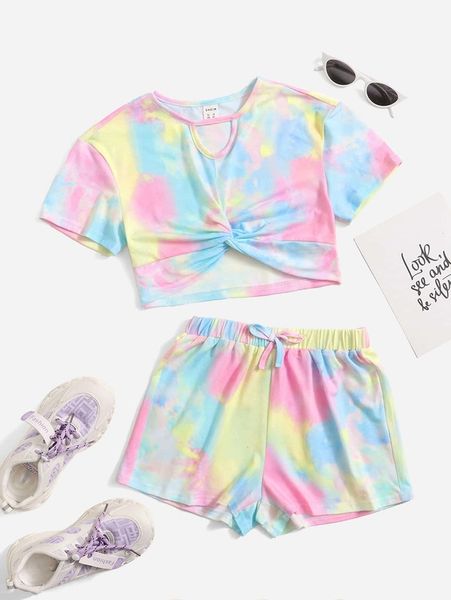 

girls tie dye twist front cutout & bow front shorts she, White