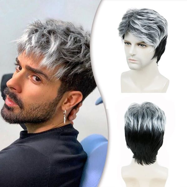 Parrucca da uomo Parrucche soffici grigio argento Moda Copricapo per capelli corti