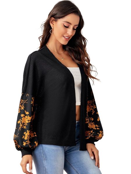 

floral print lantern sleeve rib-knit coat b3kn#, Black