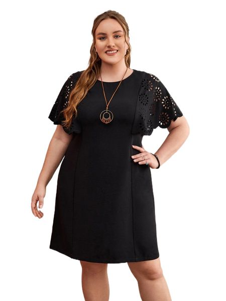 

emery rose plus laser cut flutter sleeve tunic dress y2i6#, Black