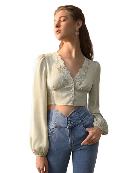 

mod guipure lace panel button front blouse f7pr#, White
