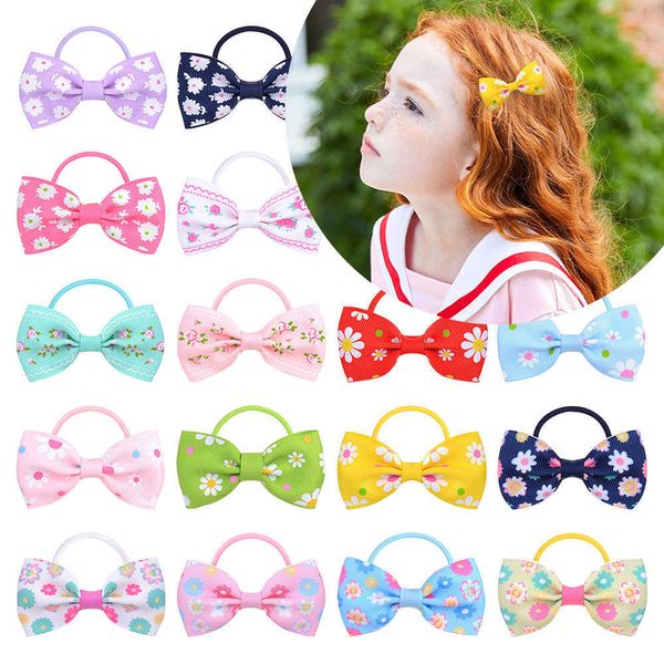 

children's jewelry rib ribbon butterfly knot hair rope solid color printing small daisy hair circle 288, Slivery;white