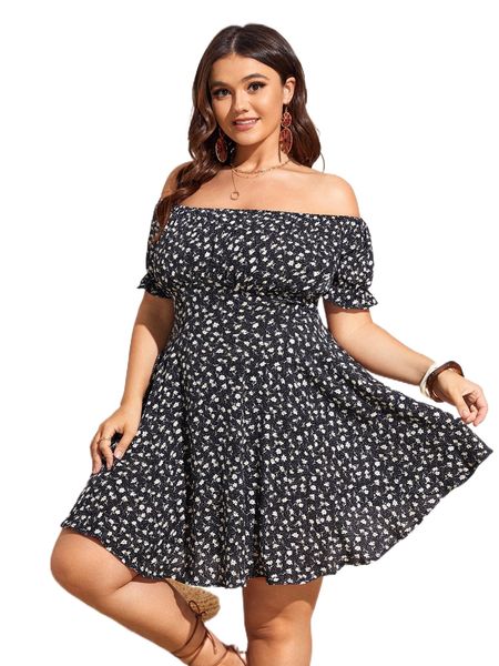

plus ditsy floral off shoulder dress z4g5#, Black