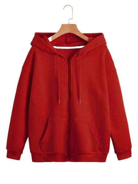 

solid drawstring pocket front zip up thermal lined sweatshirt r20l#, Black