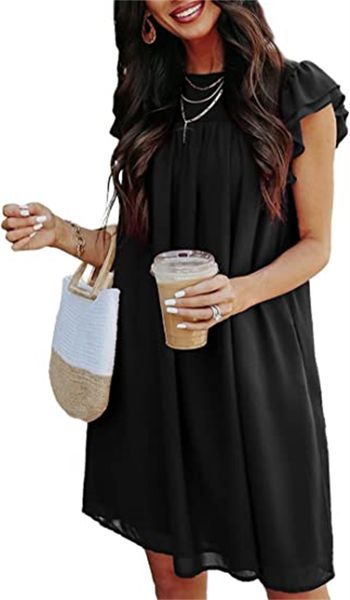 

& tees women's summer sleeveless pleated sleeve round collar short mini dress solid color loose and elegant chiffon, White
