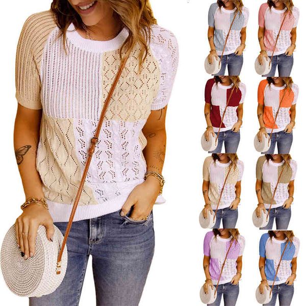 

2022 fashion summer new color blocking knitted short sleeve t-shirt, White