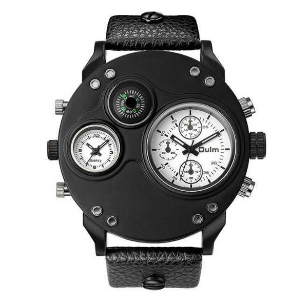 

smooth oulm brand luster celebrity quality quartz watch compass mens watches dual time zone 55mm large dial hardlex pu band wristwatches, Slivery;brown