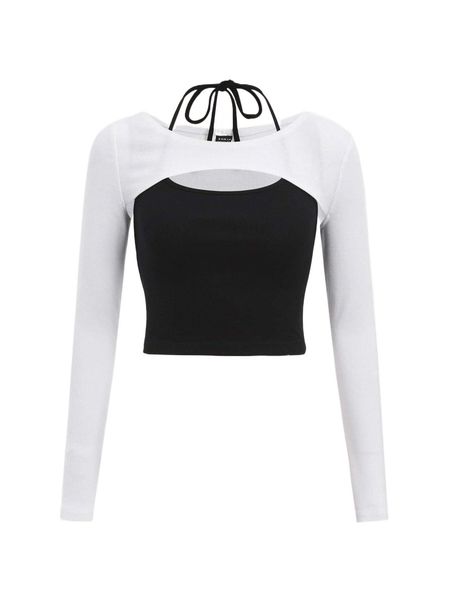 

rib knit super crop & tied backless halter set h4g3#, White