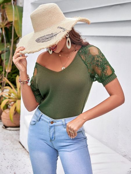 

lace raglan sleeve knit m4fj#, White;black