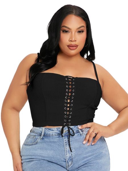 

plus lace up front rib-knit cami c5u4#, Black