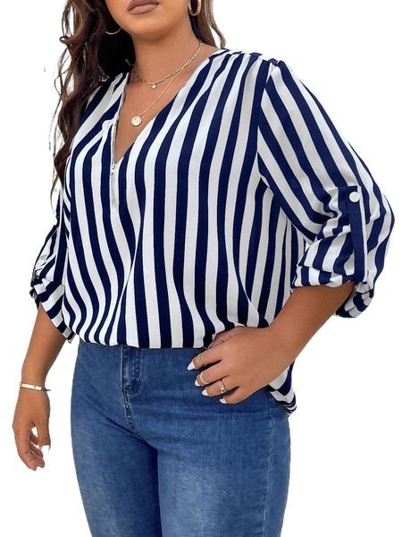 

plus striped print roll up sleeve quarter zipper blouse v9ha#, Black