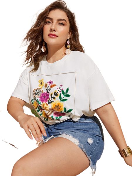 

plus floral print drop shoulder tee 50dn#, Black
