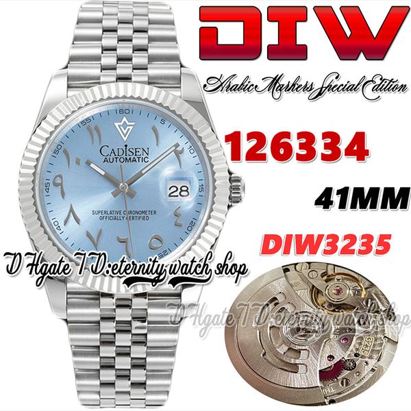 

diwf diw126334 sa3235 automatic mens watch fluted bezel ice blue dial arabic markers 904l jubileesteel bracelet with same serial warranty ca, Slivery;brown