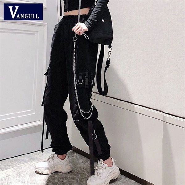 

vangull casual black cargo pant high waist buckle chain female spring fashion streetwear ladies loose trousers 220325, Black;white