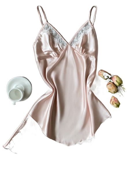

contrast lace satin nightdress i90b#, Black;red
