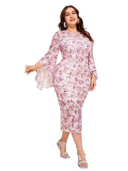 

plus floral print lace panel flounce sleeve dress a6k9#, Black